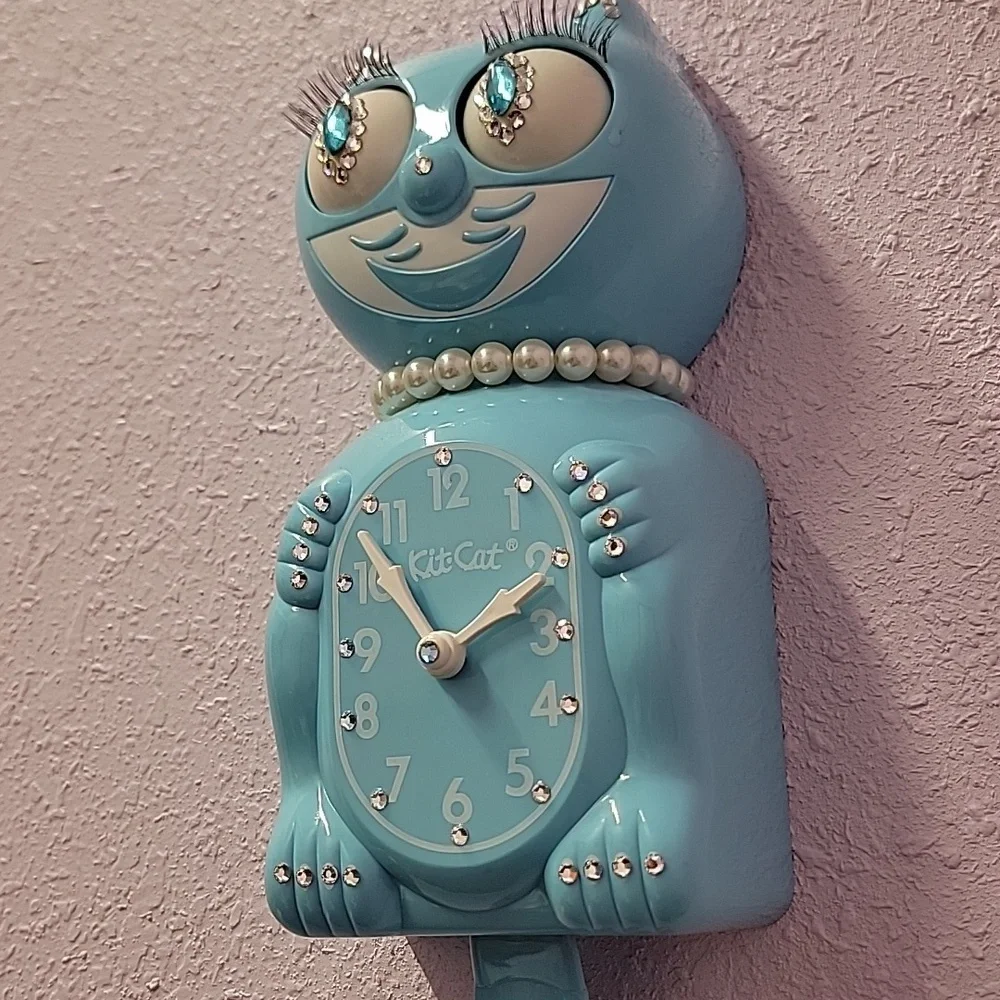 Jeweled Sky Blue Lady Red Kit-Cat Klock clock RARE Vintage